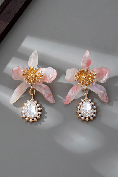 RHINESTEONE DROP FLORAL PINK TORT EARRINGS | 80E61428