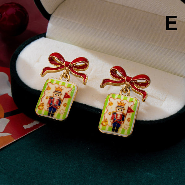 Holiday Enamel Bow & Christmas Charm Drop Earrings|80E63590