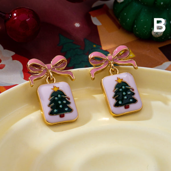 Holiday Enamel Bow & Christmas Charm Drop Earrings|80E63590