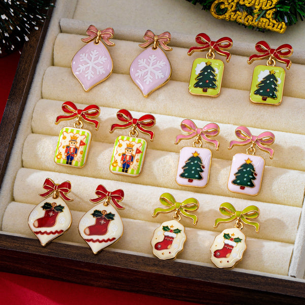 Holiday Enamel Bow & Christmas Charm Drop Earrings|80E63590