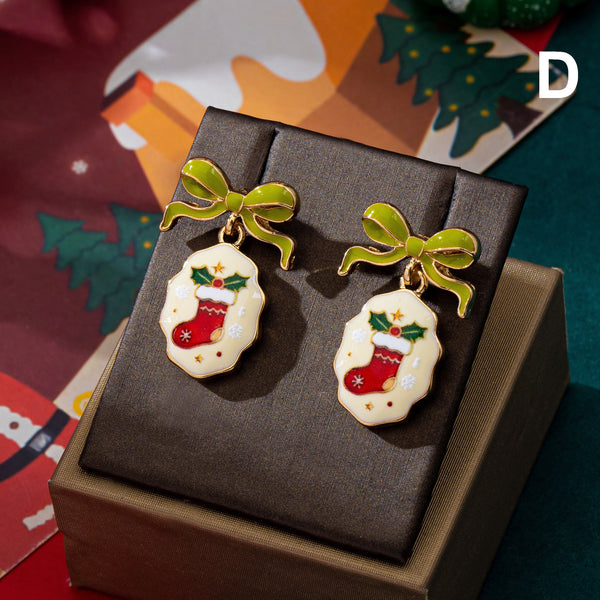 Holiday Enamel Bow & Christmas Charm Drop Earrings|80E63590