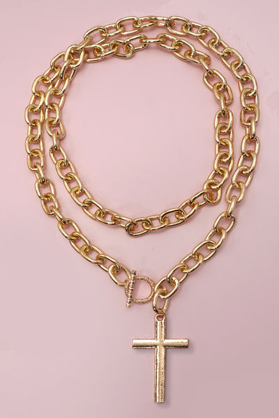 PUFFY CROSS CHUNKY CHAIN STATEMENT TOGGLE NECKLACE | 40NK9668