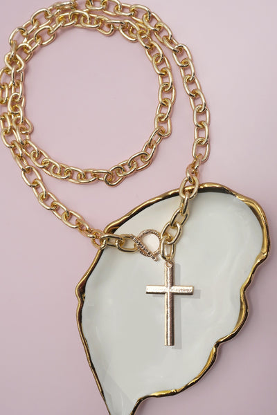 PUFFY CROSS CHUNKY CHAIN STATEMENT TOGGLE NECKLACE | 40NK9668