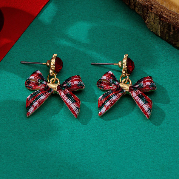 Tartan Plaid Bow Red Rhinestone Drop Earrings | 80E63572