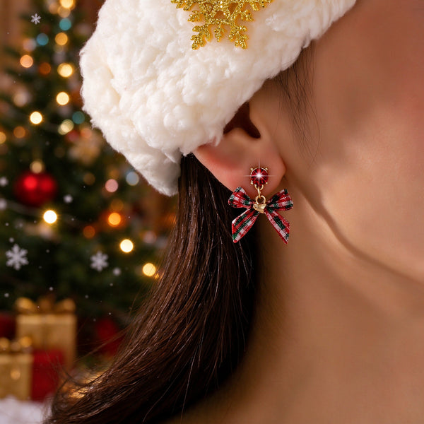 Tartan Plaid Bow Red Rhinestone Drop Earrings | 80E63572