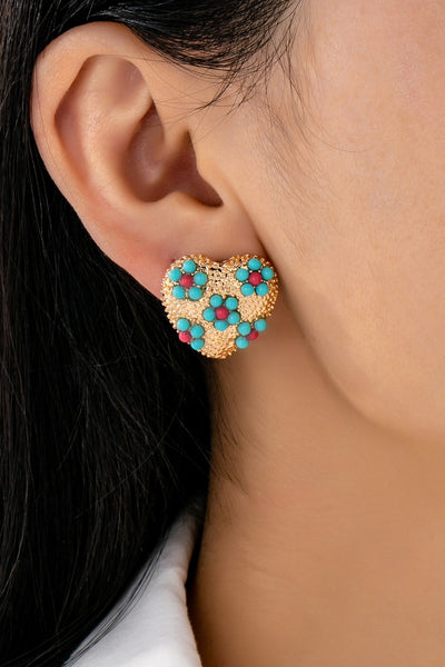 MULTI FLORAL TURQ HEART STUD EARRINGS | 80E61525
