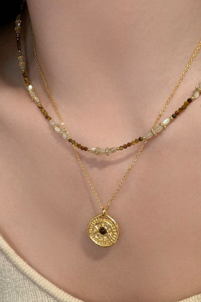 MULTI LAYER BEADED CHAIN COIN CHARM NECKLACE | 40NK9622