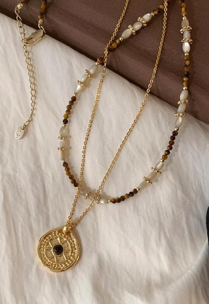 MULTI LAYER BEADED CHAIN COIN CHARM NECKLACE | 40NK9622