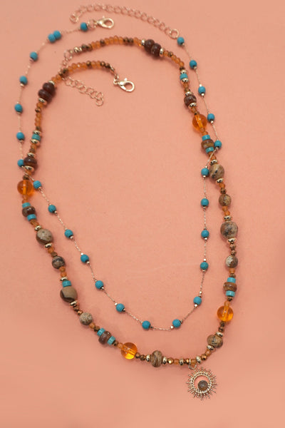 MULTI LAYER  NATURAL STONE CHAIN CHARM NECKLACE | 40NK9625