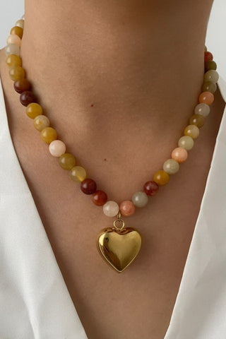 MULTI EARTHY NATURAL STONE HEART CHARM NECKLACE | 40NK9629