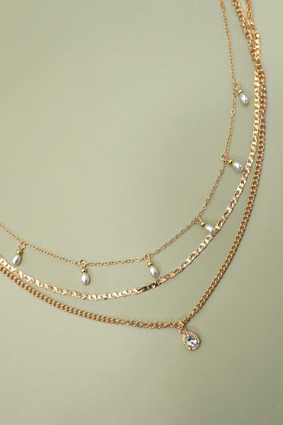 MULTI LAYER STONE CHAIN TEARDROP CHARM NECKLACE | 40NK9637