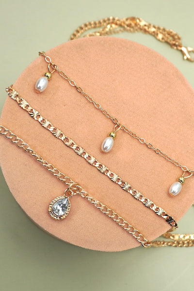 MULTI LAYER STONE CHAIN TEARDROP CHARM NECKLACE | 40NK9637