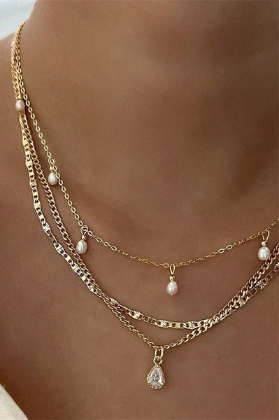 MULTI LAYER STONE CHAIN TEARDROP CHARM NECKLACE | 40NK9637