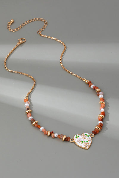 BEADED STONE CHAIN FLORAL PEARL HEART CHARM | 80N92646