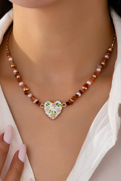 BEADED STONE CHAIN FLORAL PEARL HEART CHARM | 80N92646