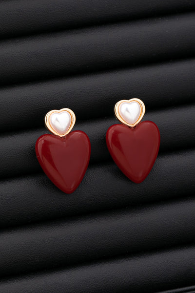 DOUBLE HEART PEARL RED HEART DROP EARRINGS | 80E61544