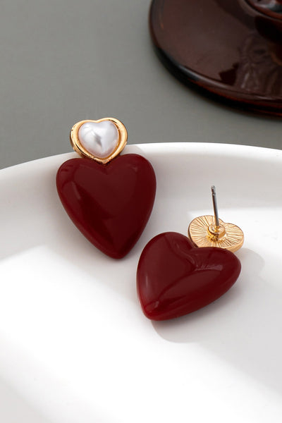 DOUBLE HEART PEARL RED HEART DROP EARRINGS | 80E61544