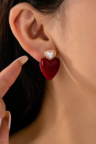 DOUBLE HEART PEARL RED HEART DROP EARRINGS | 80E61544