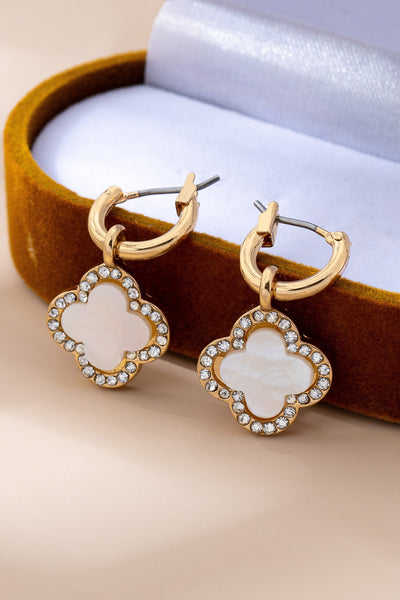 MOP Rhinestone Clover Drop Hoop Earrings | 80E61604