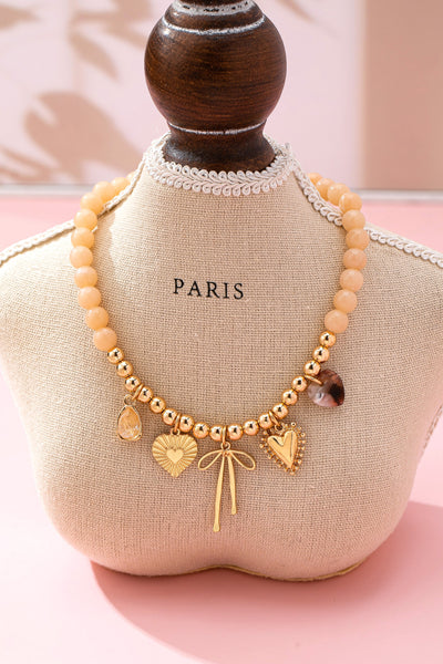 Beige Beaded Bow Heart Rhinestone Charm Necklace | 80N92689