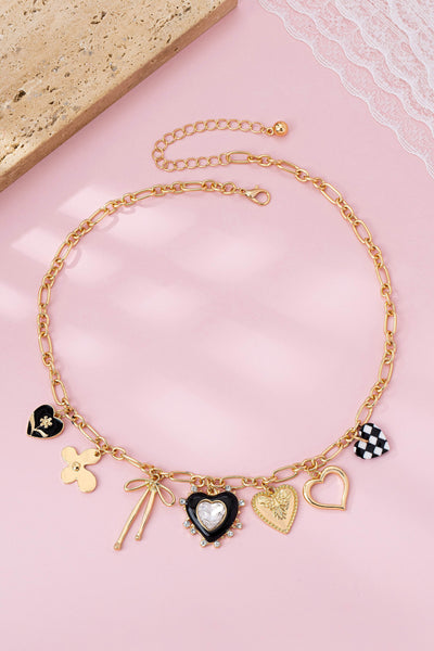 CHARM NECKLACE-BOW CHECKER HEART RHINESTONE | 80N92728