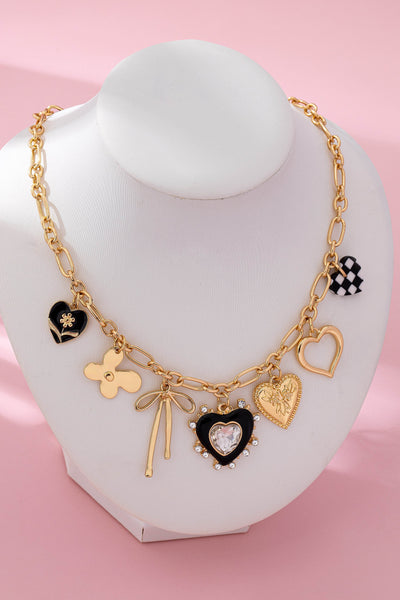 CHARM NECKLACE-BOW CHECKER HEART RHINESTONE | 80N92728