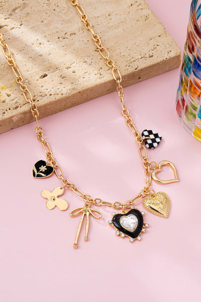 CHARM NECKLACE-BOW CHECKER HEART RHINESTONE | 80N92728