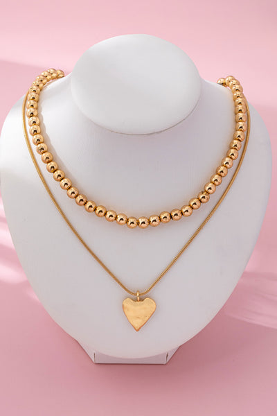 DOUBLE LAYER BALL CHAIN HEART CHARM NECKLACE | 80N92736