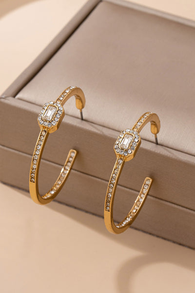 Solitaire Square Crystal Gold Hoop Earrings | 80E61752