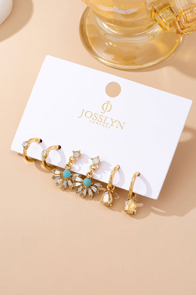 Turquoise Rhinestone Charm Hoop Trio Earring Set | 80E61738