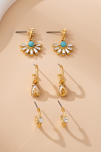 Turquoise Rhinestone Charm Hoop Trio Earring Set | 80E61738