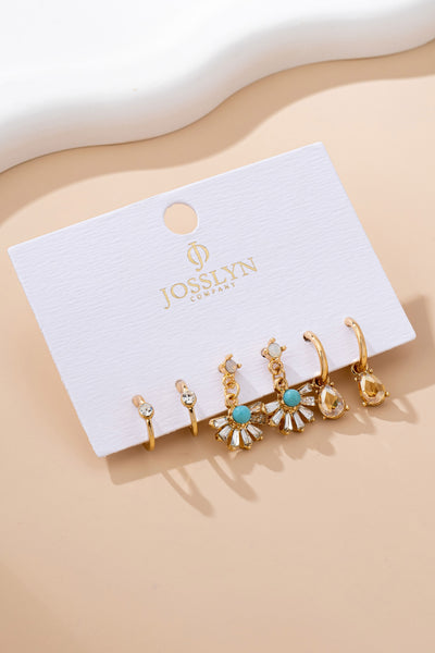 Turquoise Rhinestone Charm Hoop Trio Earring Set | 80E61738