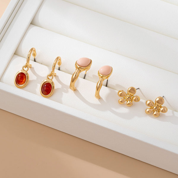 Gold Floral & Gem Drop Hoop Trio Earring Set | 80E61756