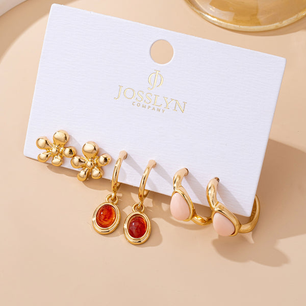 Gold Floral & Gem Drop Hoop Trio Earring Set | 80E61756