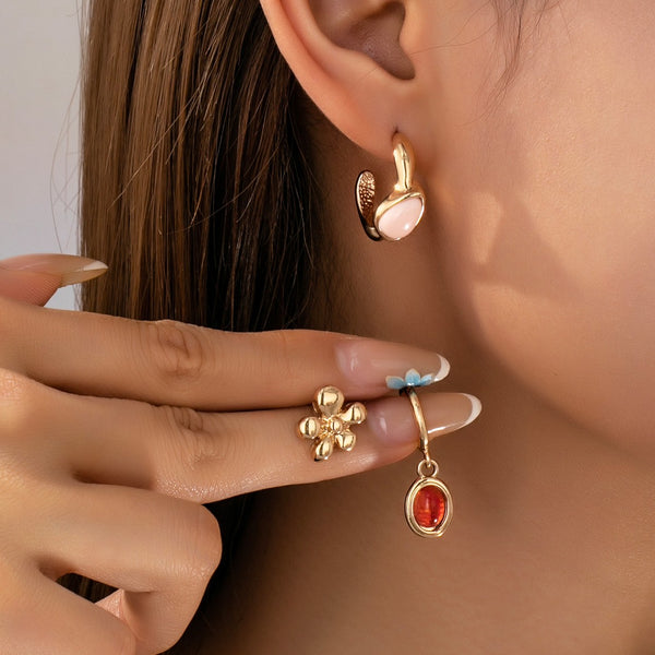 Gold Floral & Gem Drop Hoop Trio Earring Set | 80E61756