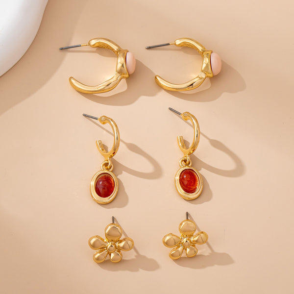 Gold Floral & Gem Drop Hoop Trio Earring Set | 80E61756