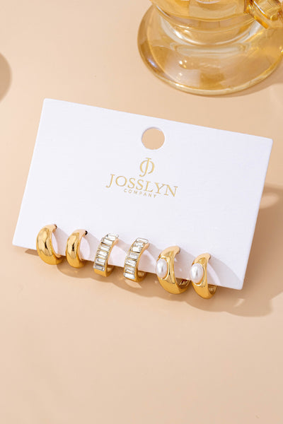 Pearl & Baguette Huggie Hoop Trio Earring Set | 80E61741