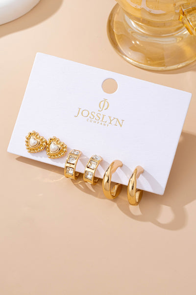 Pearl Heart & Rhinestone Huggie Hoop Trio Earring | 80E61757