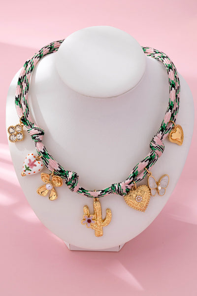 Pink Cord Charm Necklace - Bohemian Multi-Charm | 80N92743