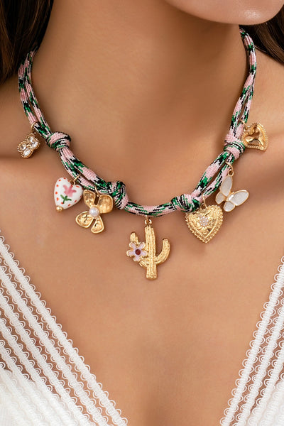 Pink Cord Charm Necklace - Bohemian Multi-Charm | 80N92743