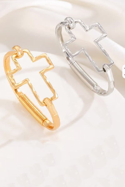 Hammered Open Cross Bangle - Silver or Gold | 40B5235