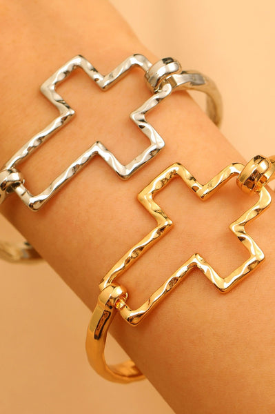 Hammered Open Cross Bangle - Silver or Gold | 40B5235