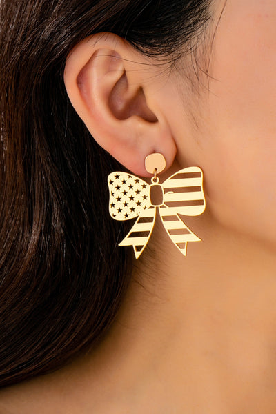 Fourth of July Star Stripe Bow Matte Gold Earrings | 80E61813