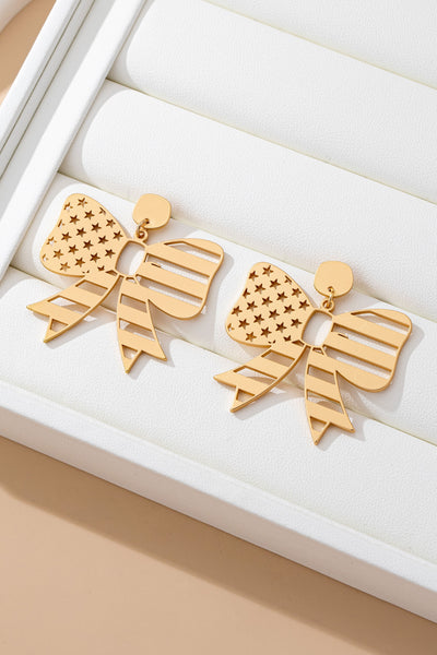 Fourth of July Star Stripe Bow Matte Gold Earrings | 80E61813
