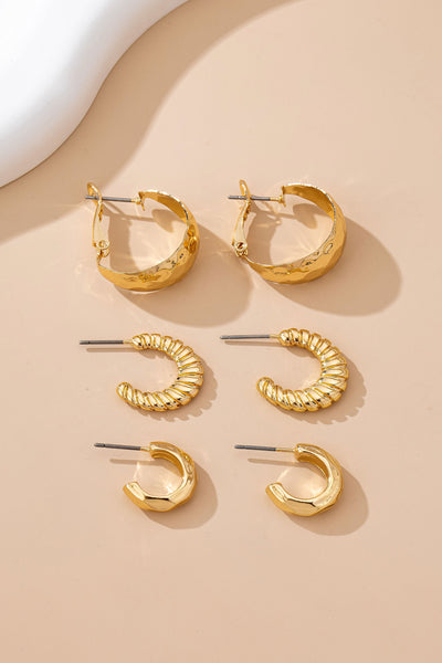 Mixed Texture Gold Crescent Hoop Trio Earring Set | 80E61795