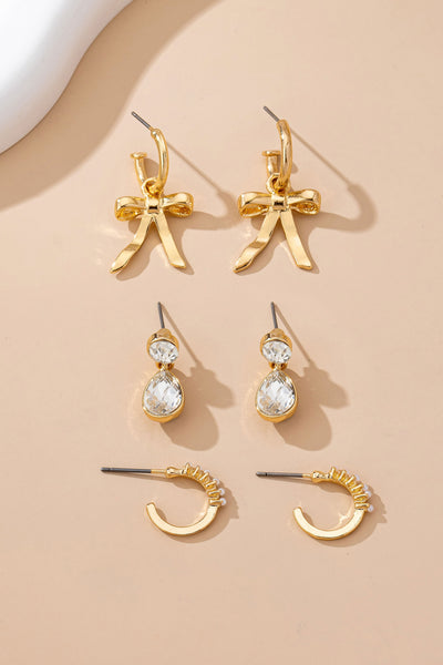 Pearl Crystal Teardrop Bow Trio Earring Set | 80E61791