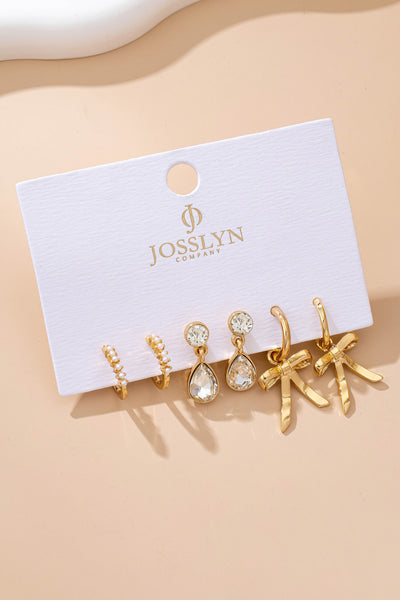 Pearl Crystal Teardrop Bow Trio Earring Set | 80E61791