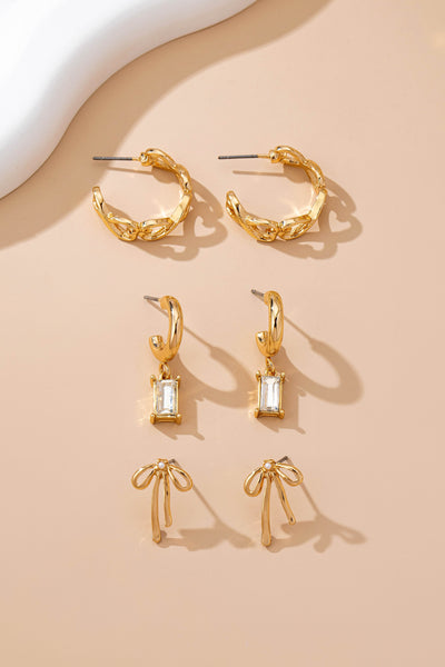 Baguette Stone Hoop, Bow Trio Earring Set | 80E61789