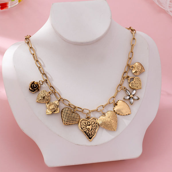 Vintage Gold-Tone Heart Charm Cluster Necklace | 80N92793