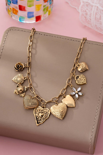 Vintage Gold-Tone Heart Charm Cluster Necklace | 80N92793